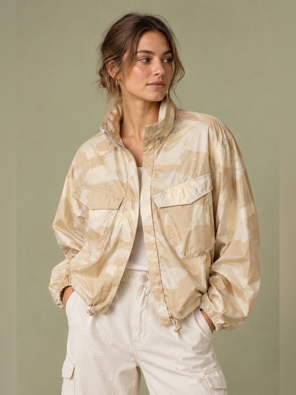 Rag & Bone Beige Camo Hooded Utility Windbreaker Jacket
